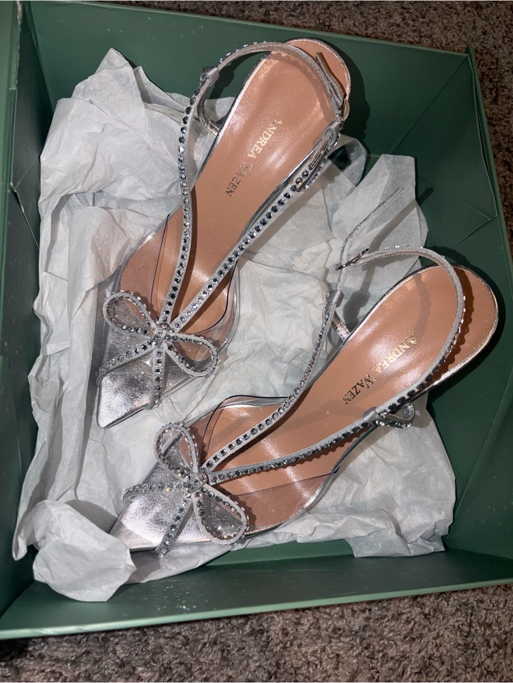 Andréa Wazen Silver Crystal Bow Slingback Heels